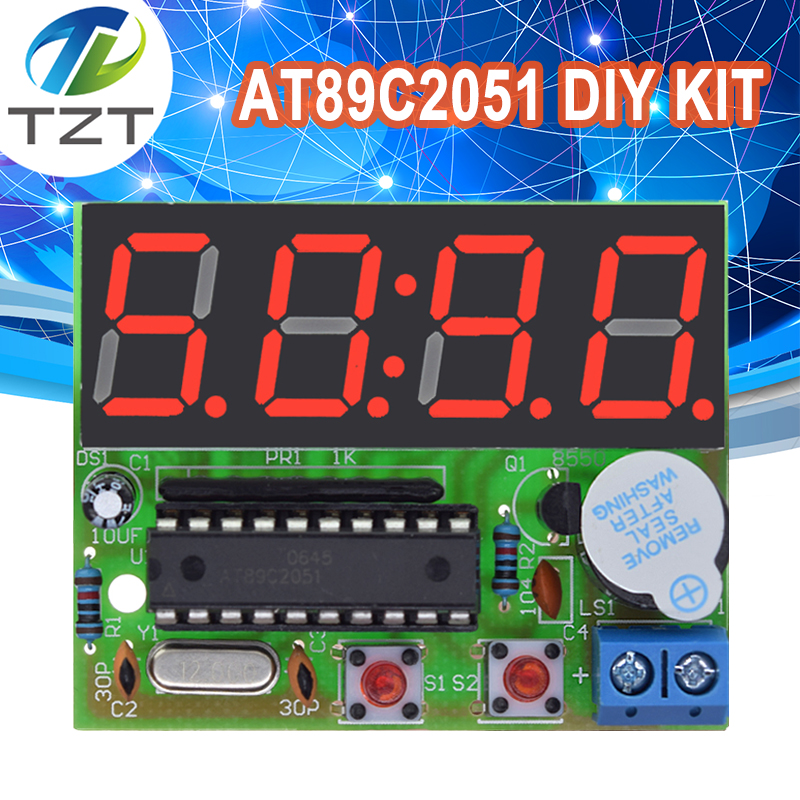 TZT AT89C2051 Digital LED Display 4 Bits Electronic Clock Electronic Production Suite DIY Kit 0.56 Inch Red Two Alarm
