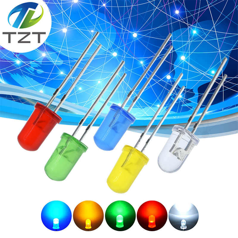 TZT 100PCS 5MM F5 LED Diode 5 mm Light Assorted Kit Green Blue White Yellow Red COMPONENT DIY kit light-emitting diode