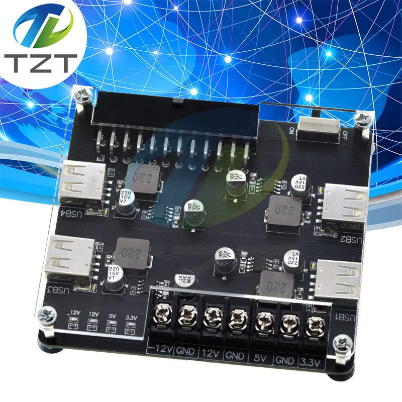 TZT QC3.0 QC2.0 ATX Power Supply Breakout Board Acrylic Case Set DC3.3-12V 24Pin 12Pins USB ATX Adapter Module Power Connector