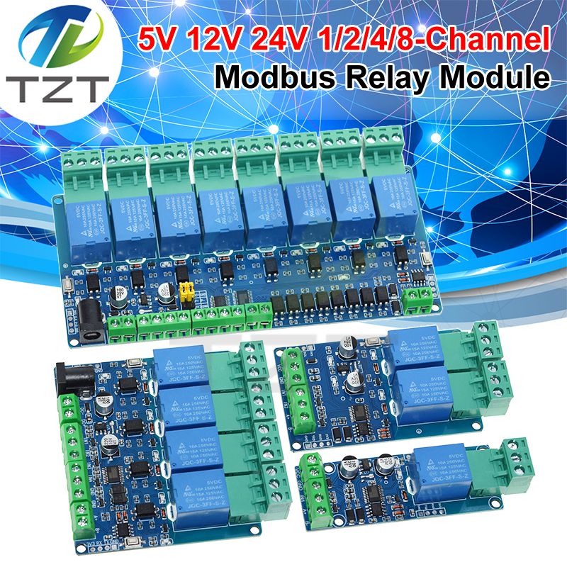 Modbus-RTU Relay Module 1/2/4/8 Channels 10A 5V 12V 24V Switch Input Output Optocoupler Isolation RS485 TTL Communication