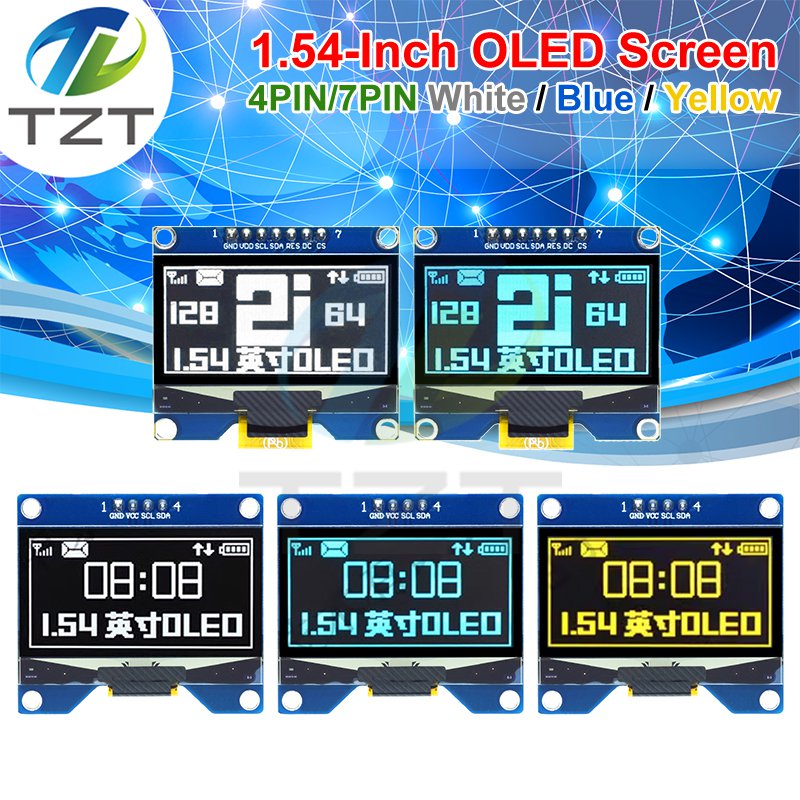 TZT 1.54 inch 4PIN 7PIN White Blue Yellow OLED Screen Module CH1116 / SSD1309 Drive IC Compatible for SSD1306 SPI Interface 12