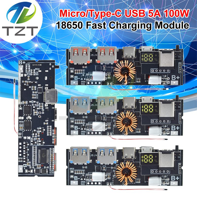 TZT QC4.0 QC3.0 LED Dual USB PD Fast Charge 5A 100W Micro/Type-C USB Mobile Power Bank 18650 Charging Module Temperature Protection