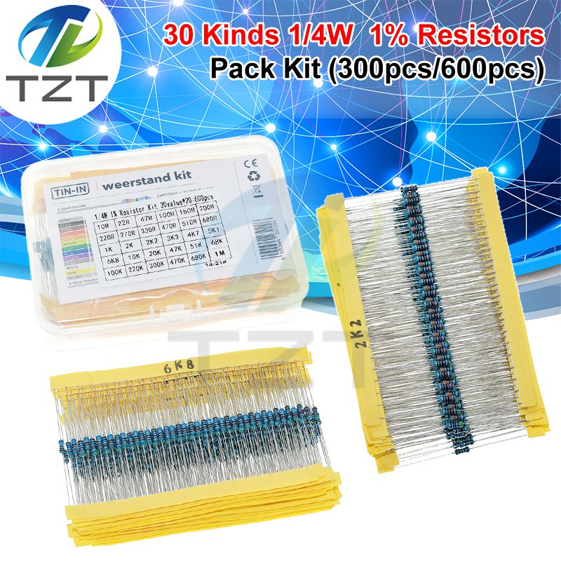 TZT 600pcs/set 30 Kinds 1/4W Resistance 1% Resistors Pack Kit 1K 10K 100K 220ohm 1M Resistors 300pcs/set