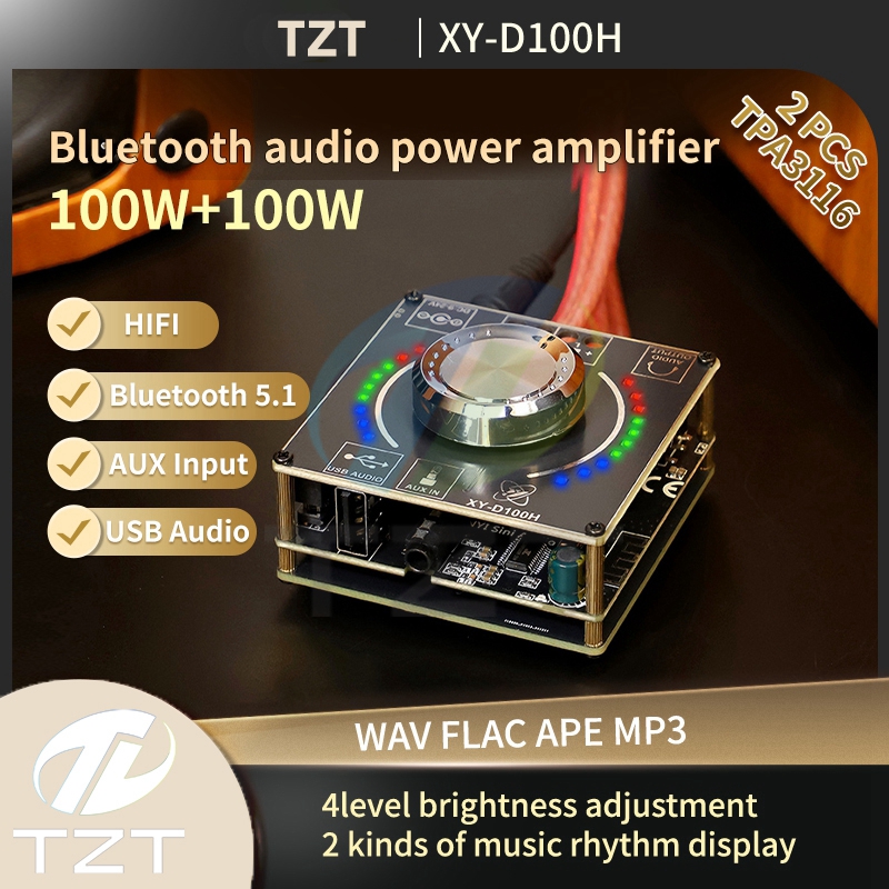 Hifi-level 100W*2 Stereo Bluetooth power amplifier TPA3116 module volume spectrum music rhythm light
