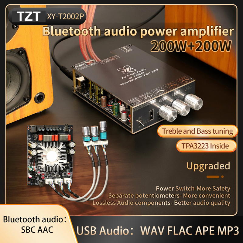 T2002P Upgraded Version 200W*2 Bluetooth Digital Amplifier Board with Treble and Bass Adjustment, TPA3223 Surpassing 7498E