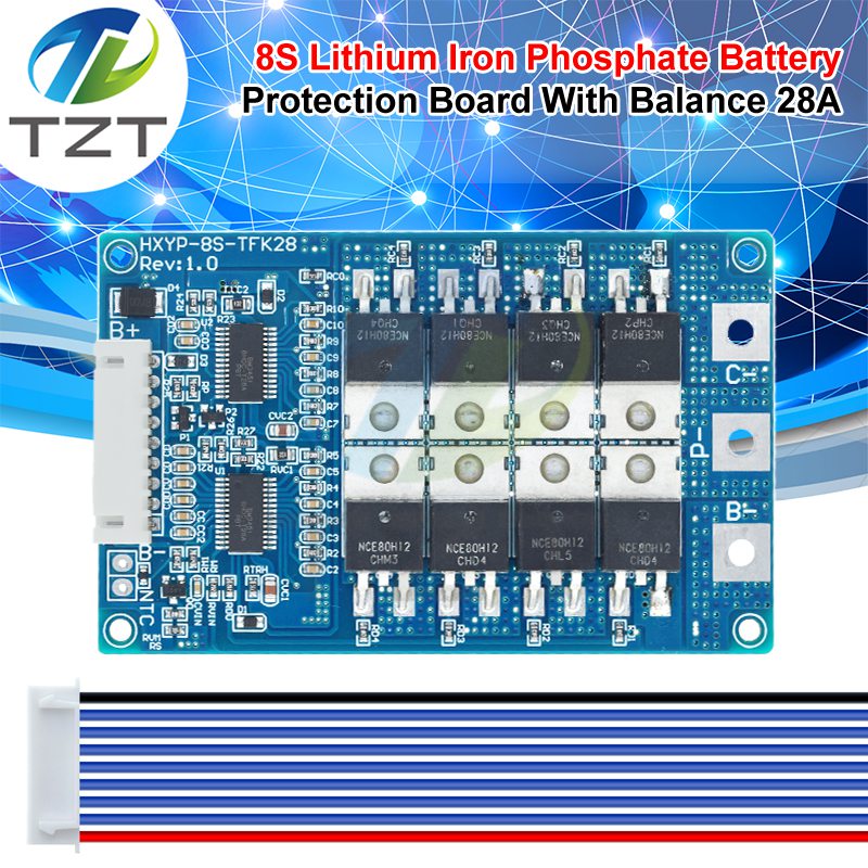 TZT BMS 8S 28V 28A Lifepo4 Battery Charging Board Short Circuit Protection PCM Self Recovery With Balance / Temperature Protection