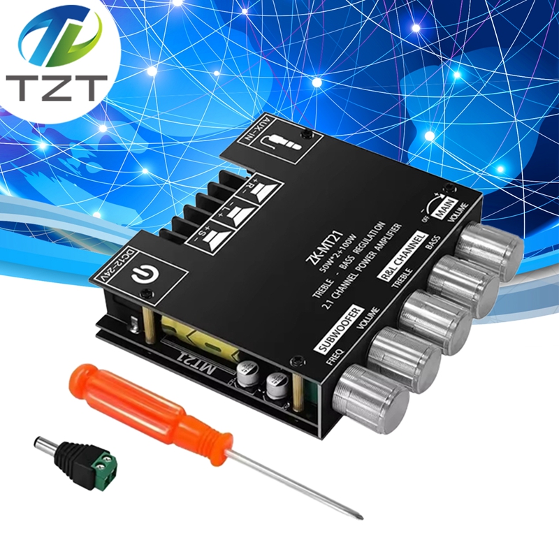 ZK-MT21 100W+2*50W 2.1 Channel Digital Audio Power Amplifier Module Subwoofer AUX Blue tooth 12/24V Stereo Amp HiFi for Speaker