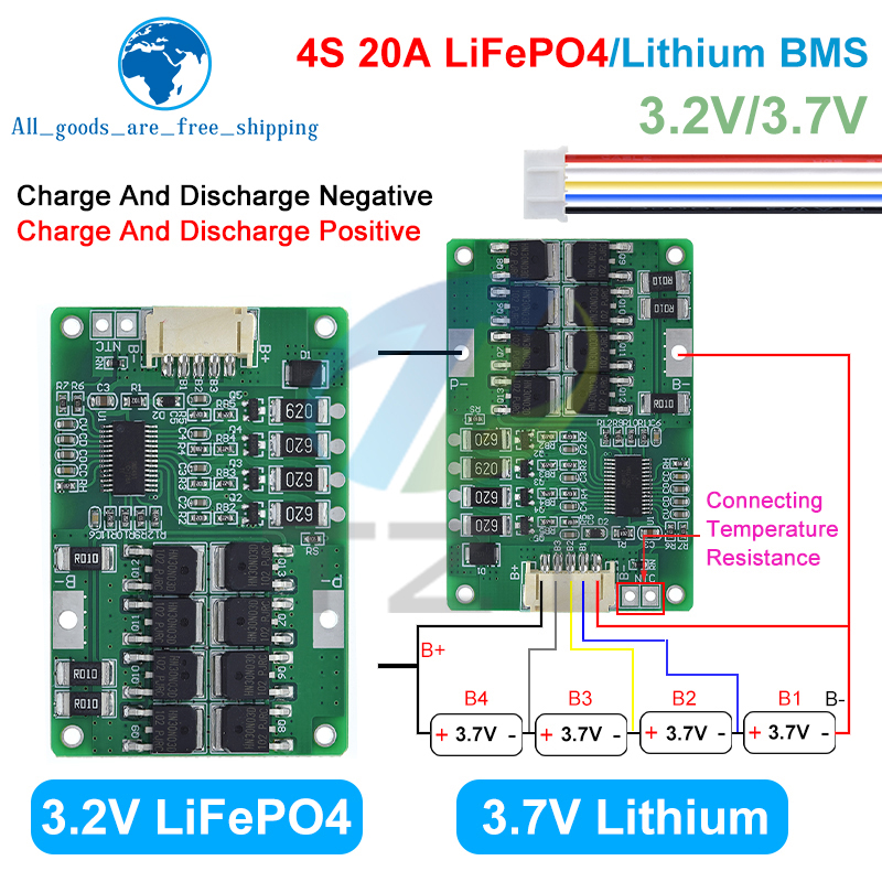 TZT BMS 4S 20A 3.2V 3.7V LiFePO4 / Lithium Battery Charge Protection Board 12.8V 14.4V 18650 32650 Battery Packs With Balanced
