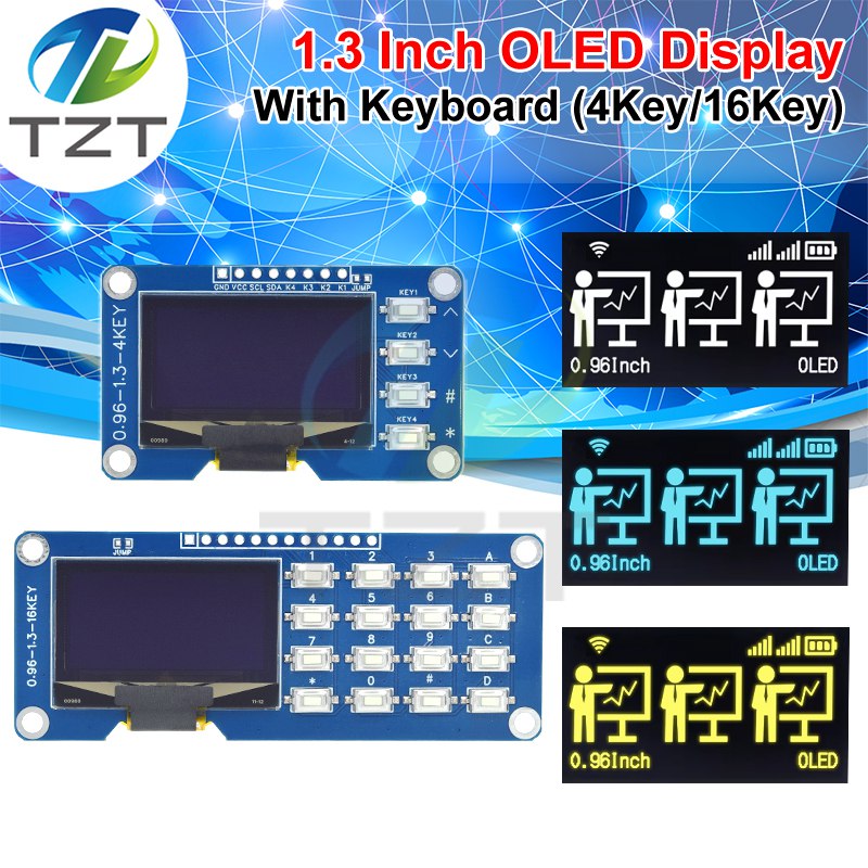TZT 1.3 Inch OLED Display with 1x4/4x4 Keyboard Module Driver SH1116 128x64 I2C Screen for Arduino Raspberry Pi