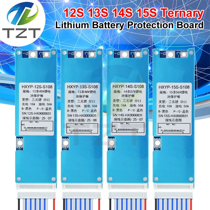 TZT 12S 13S 14S 15S BMS 50A 3.7V Ternary Li-ion Lithium Battery Charge Protection Board With Temperature Control Split Port
