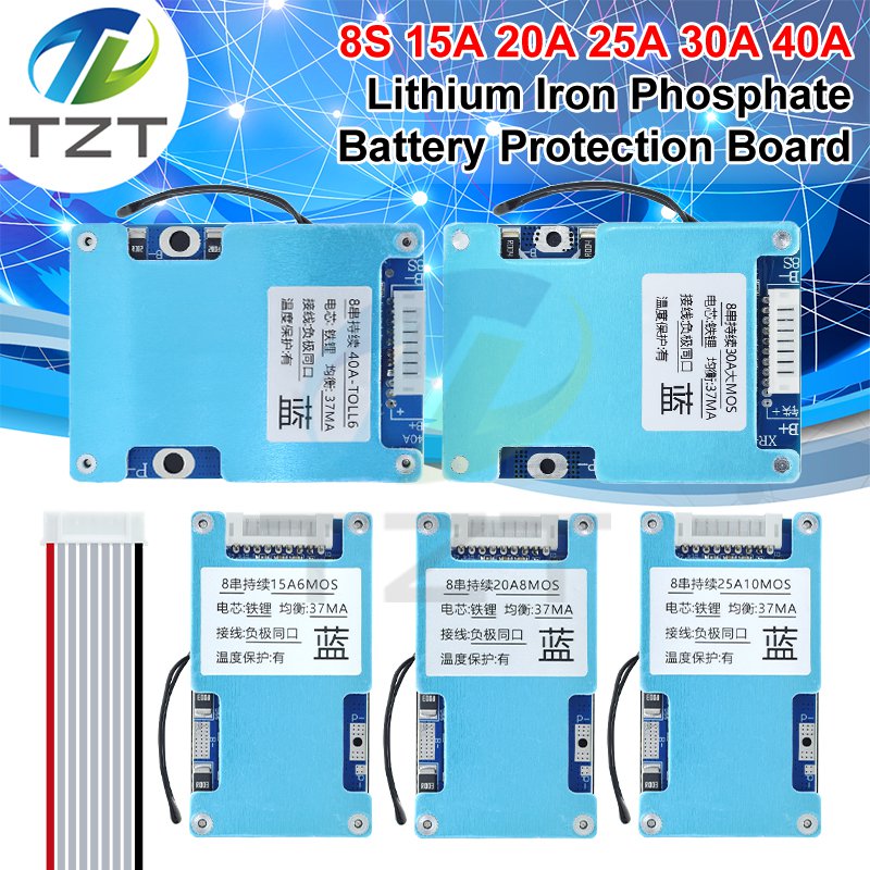 TZT BMS 8S 24V 15A 20A 25A 30A 40A LiFePo4 Battery Charge Protection Board With Balanced And NTC Temperature Protection Common