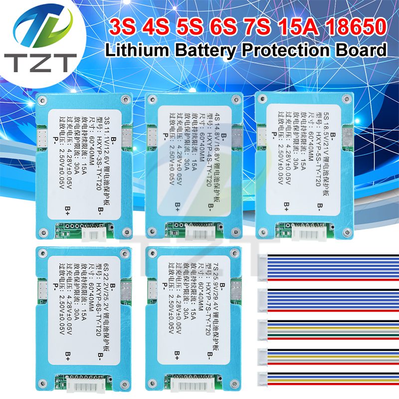 TZT 3S 4S 5S 6S 7S BMS 15A Limit 20A 18650 Lithium Battery Protection Board 12.6V 16.8V 21V 25.2V 29.4V With Balanced With Heat Sink
