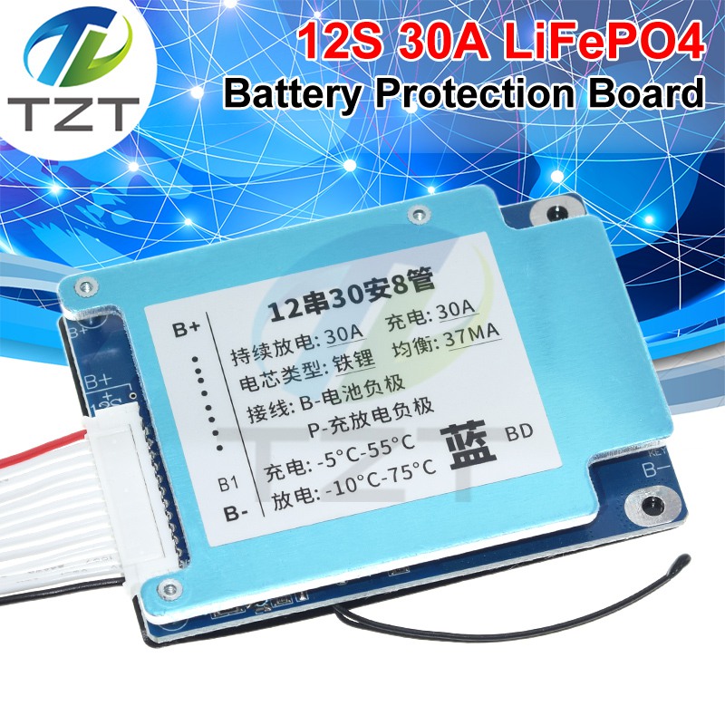TZT 12S 30A 36V BMS 8MOS LiFePO4 Battery Charge Poretect Board With Balance Common Port With Heat Sink Temperature Protection