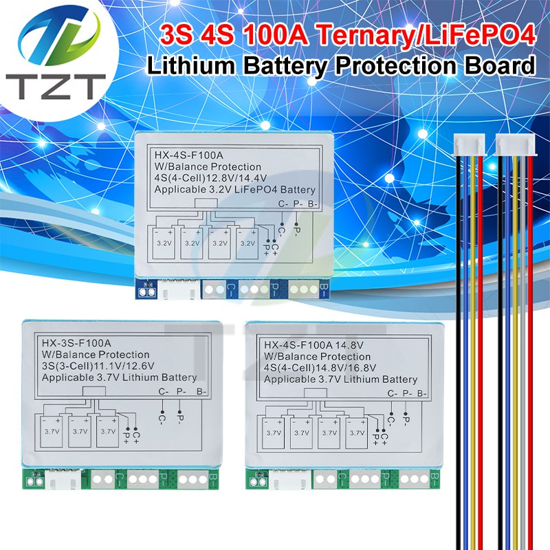 TZT 3S 4S 100A 12.6V/12.8V/16.8V BMS LiFePO4 / Li-ion Lithium 18650 Battery Charge Protection Board With Balance With Heat Sink